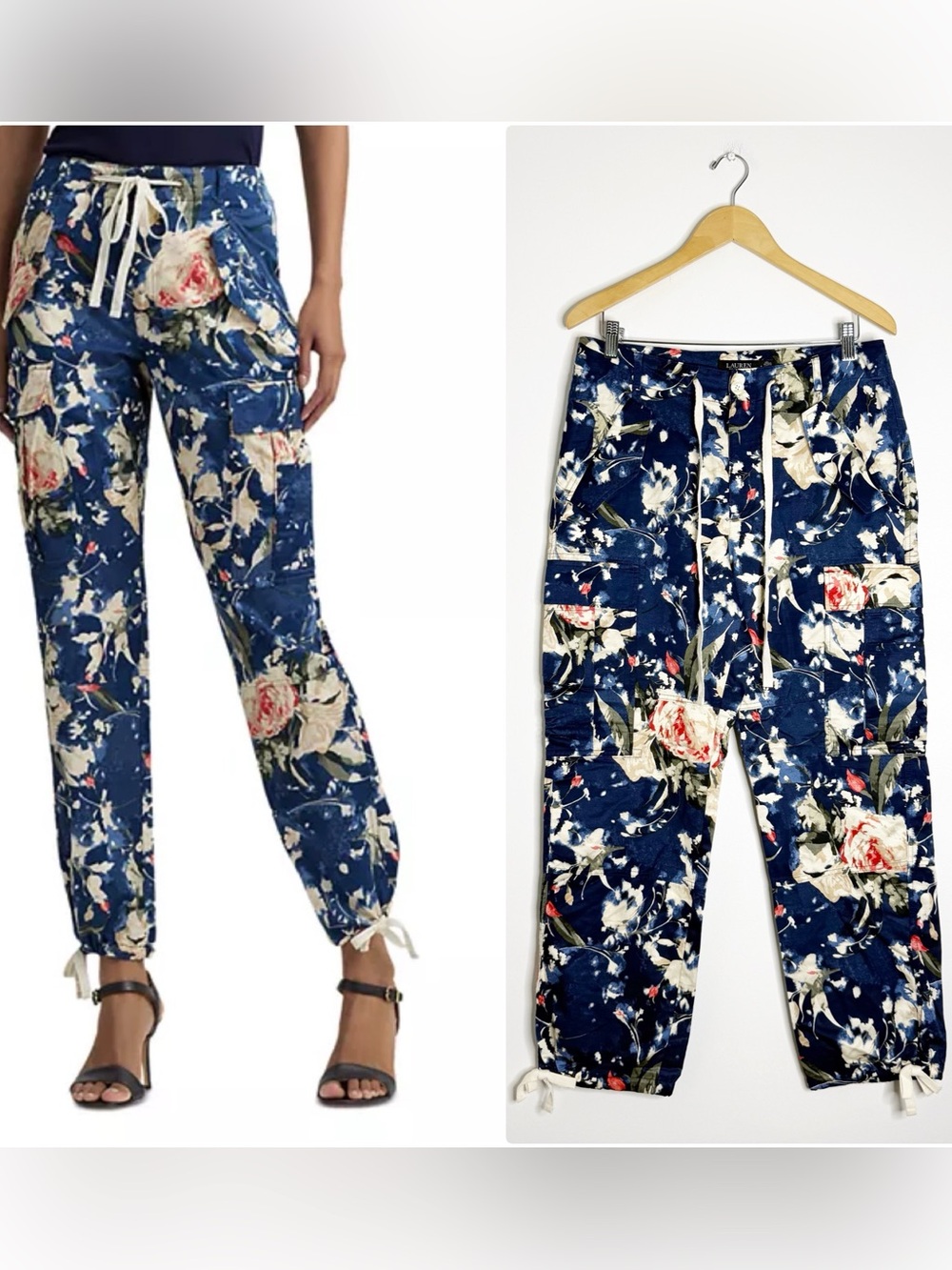 Lauren Ralph Lauren Floral Shantung Cargo Ankle Pants Women’s Size 6 Navy